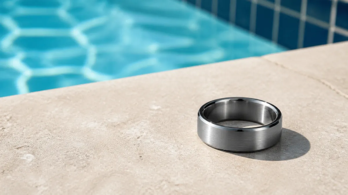 Hero lifestyle shot of a men's ring or wedding band on a clean surface, contextually illustrating 'titanium ring chlorin