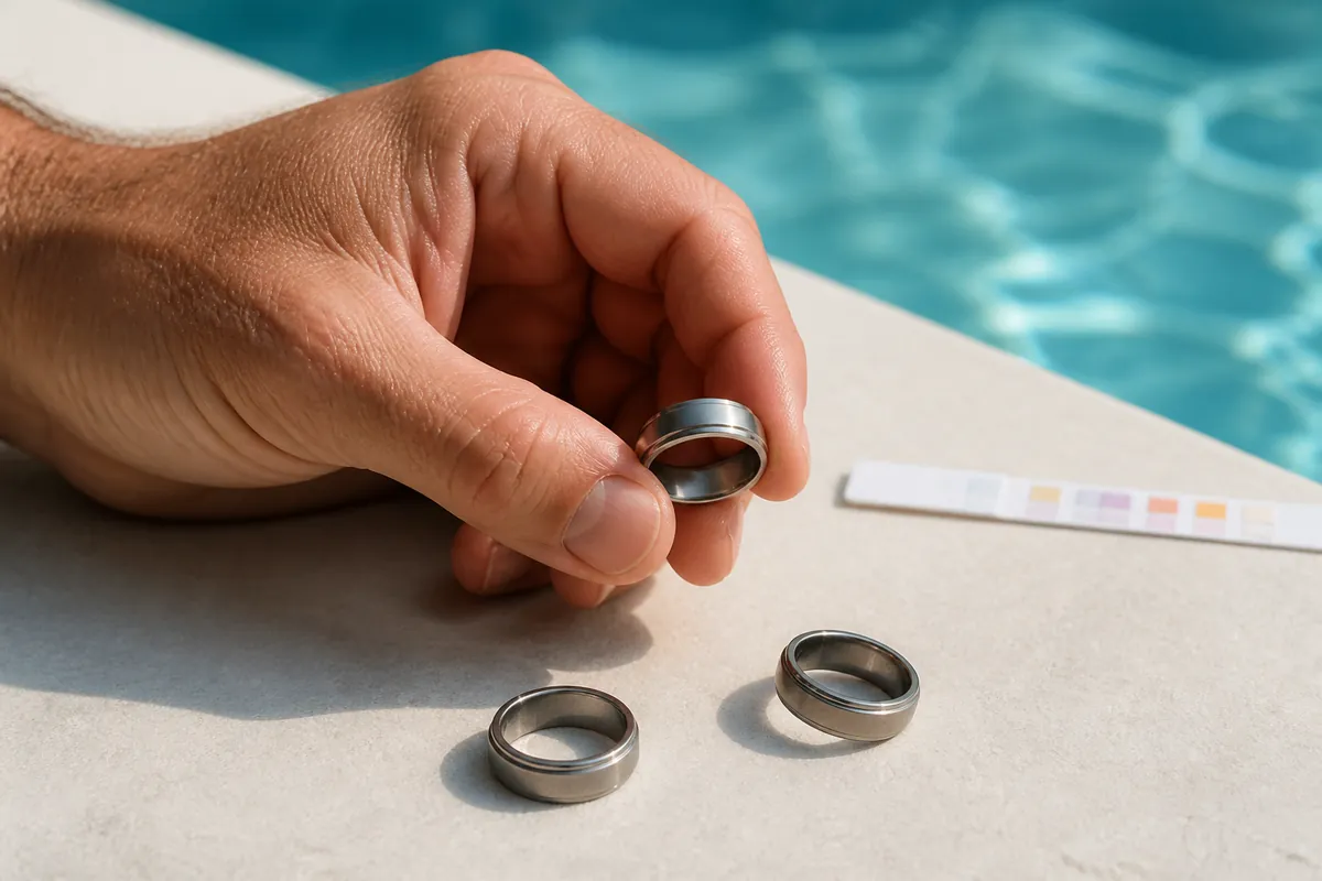 Mid-article supporting image of a person handling or selecting a men's ring or wedding band on a clean surface, contextu