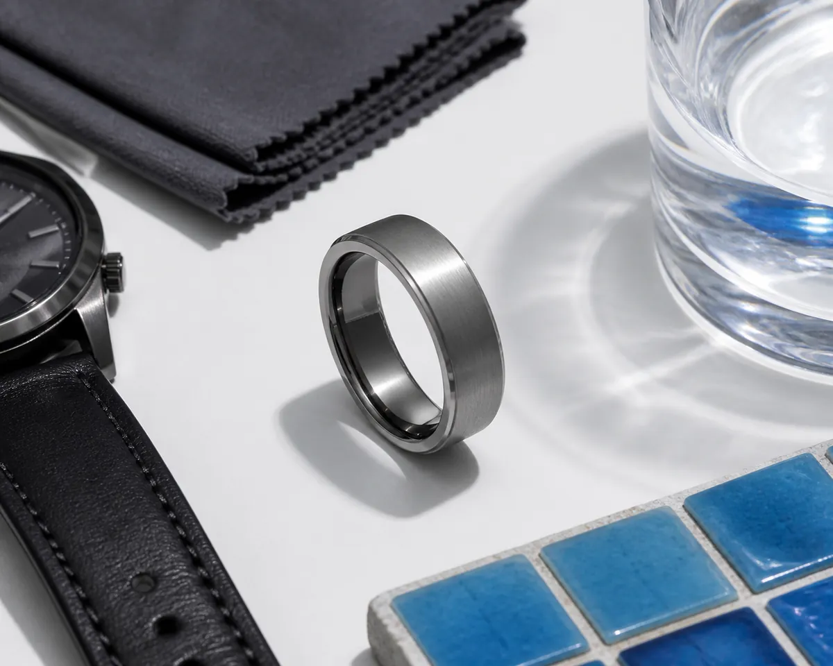 Detail close-up or styled flat-lay of a men's ring or wedding band on a clean surface with complementary accessories, co