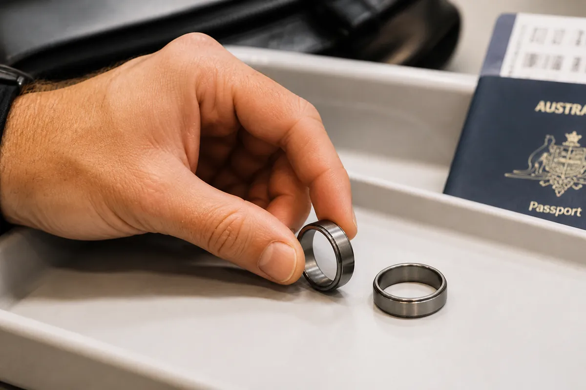 Mid-article supporting image of a person handling or selecting a men's ring or wedding band on a clean surface, contextu