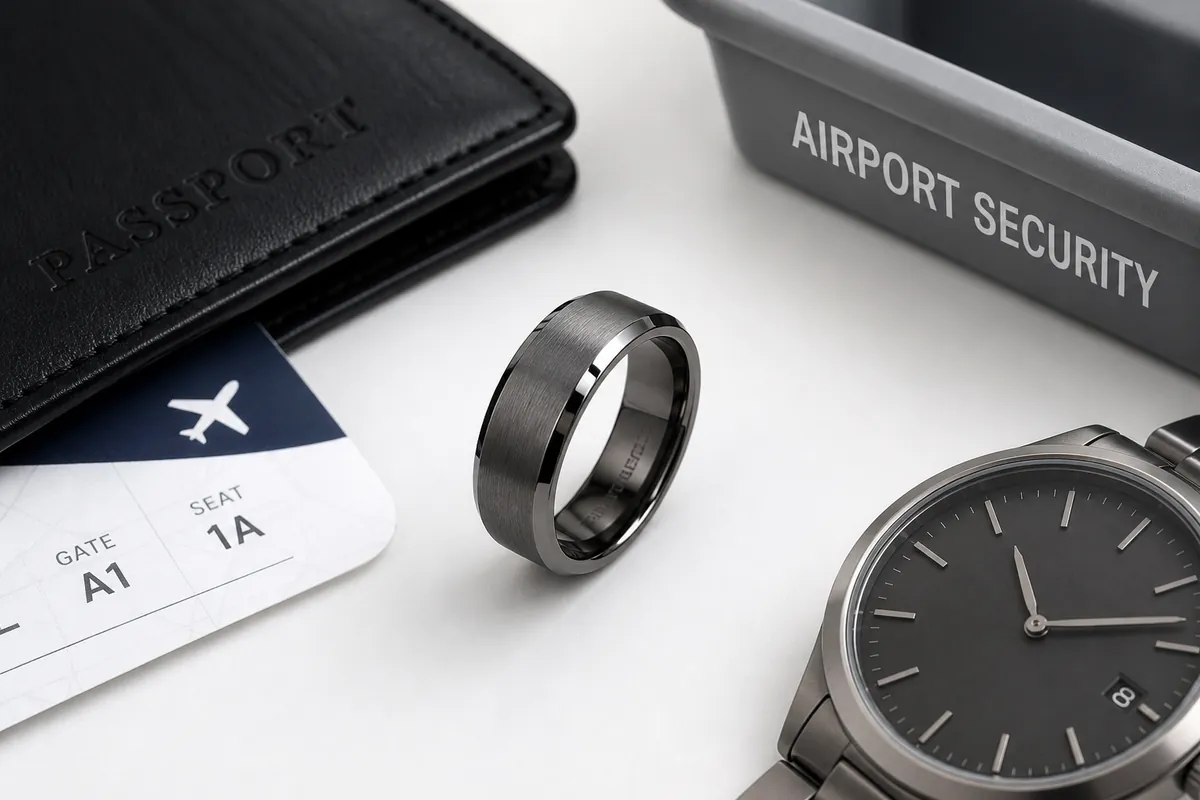 Detail close-up or styled flat-lay of a men's ring or wedding band on a clean surface with complementary accessories, co